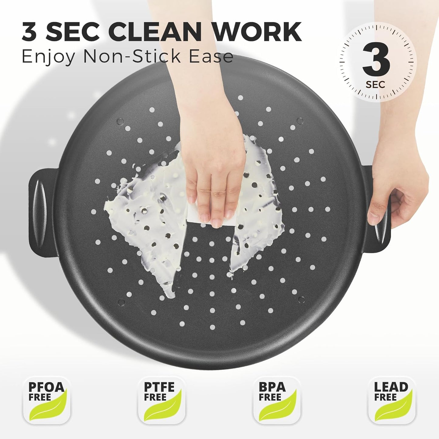 HONGBAKE 2 Pack Pizza Pan 14 Inch with Holes, Rust-Free Nonstick Pizza Pan for Oven, 0.8mm Carbon Steel Perforated Pizza Tray with Wider Handles, Round Baking Sheet for Frozen & Homemade Pizza, Grey