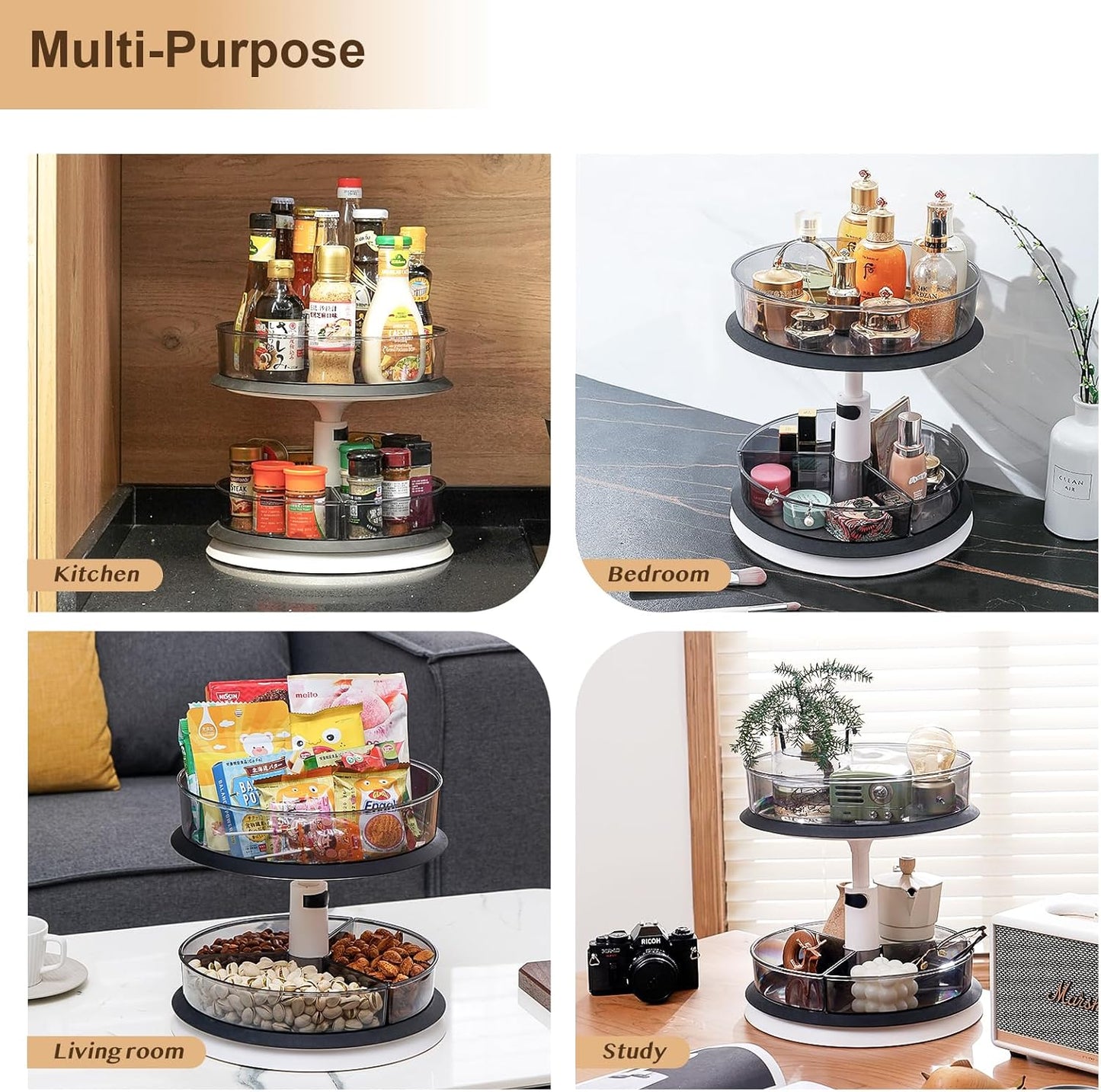 2 Tier Lazy Susan Turntable Organizer for Medicine Cabinet Bottle Pantry Countertop with Clear Large Spice Rack 11 Inch Grey