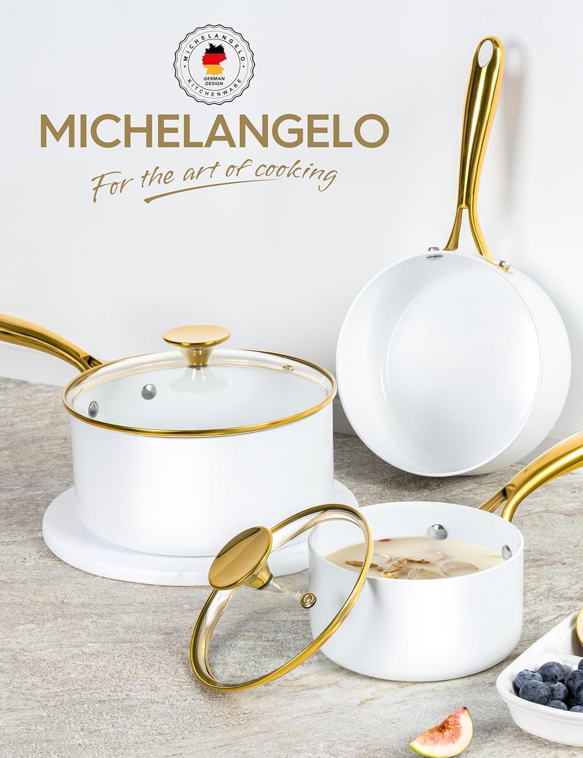 MICHELANGELO Sauce Pan with Lid, Nonstick Ceramic Saucepan Set-1Qt & 2Qt & 3Qt, Small Pots with Ergonomic Handle, Sauce Pans Sets Oven Safe, White
