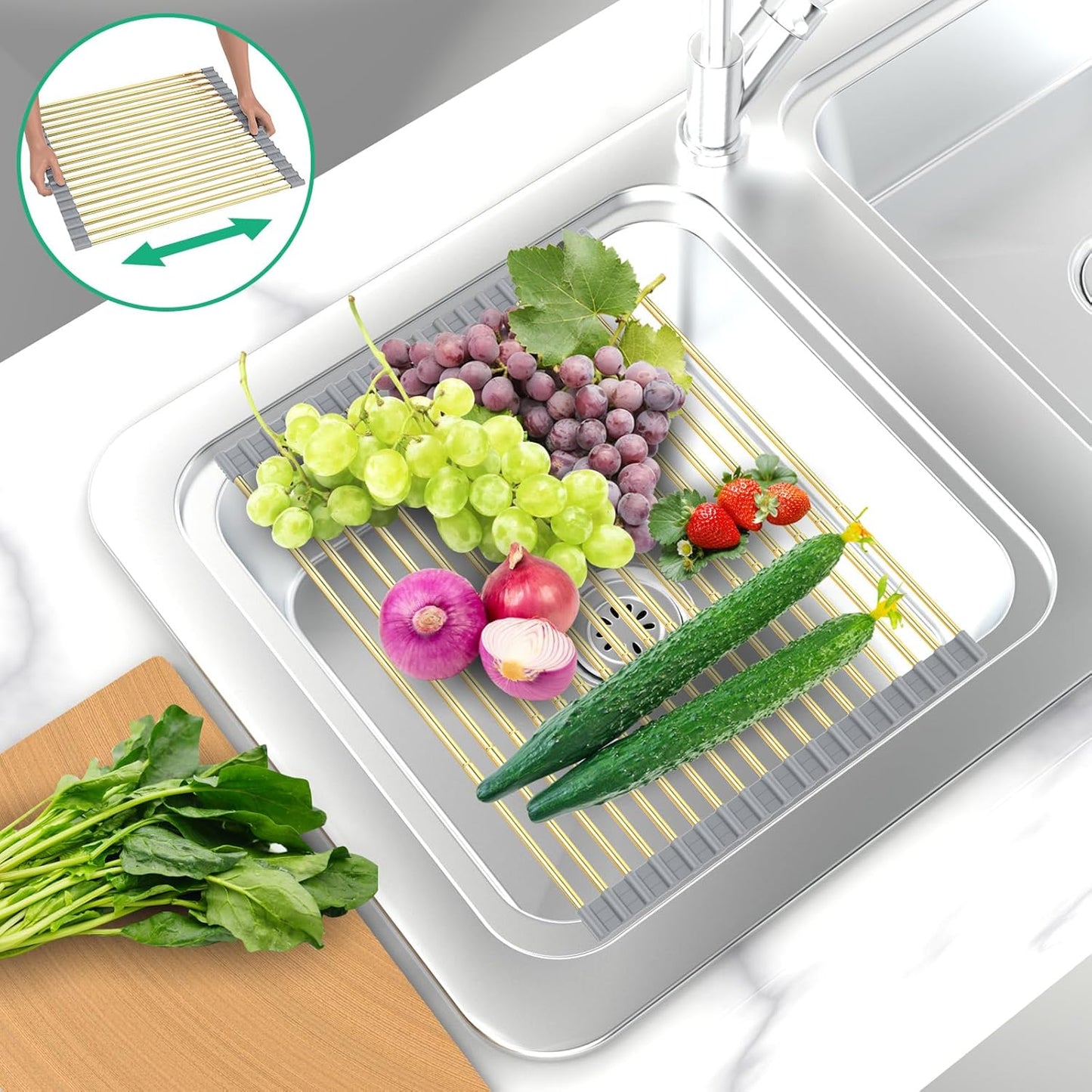 Large Expandable Roll Up Dish Drying Rack, Heat-Resistant Dish Drainer for Stainless Steel Sinks, Over The Sink Non-Slip Silicone Rollable Dish Drainer Roll Rack 18 Tube Gray Silicone & Gold Tube