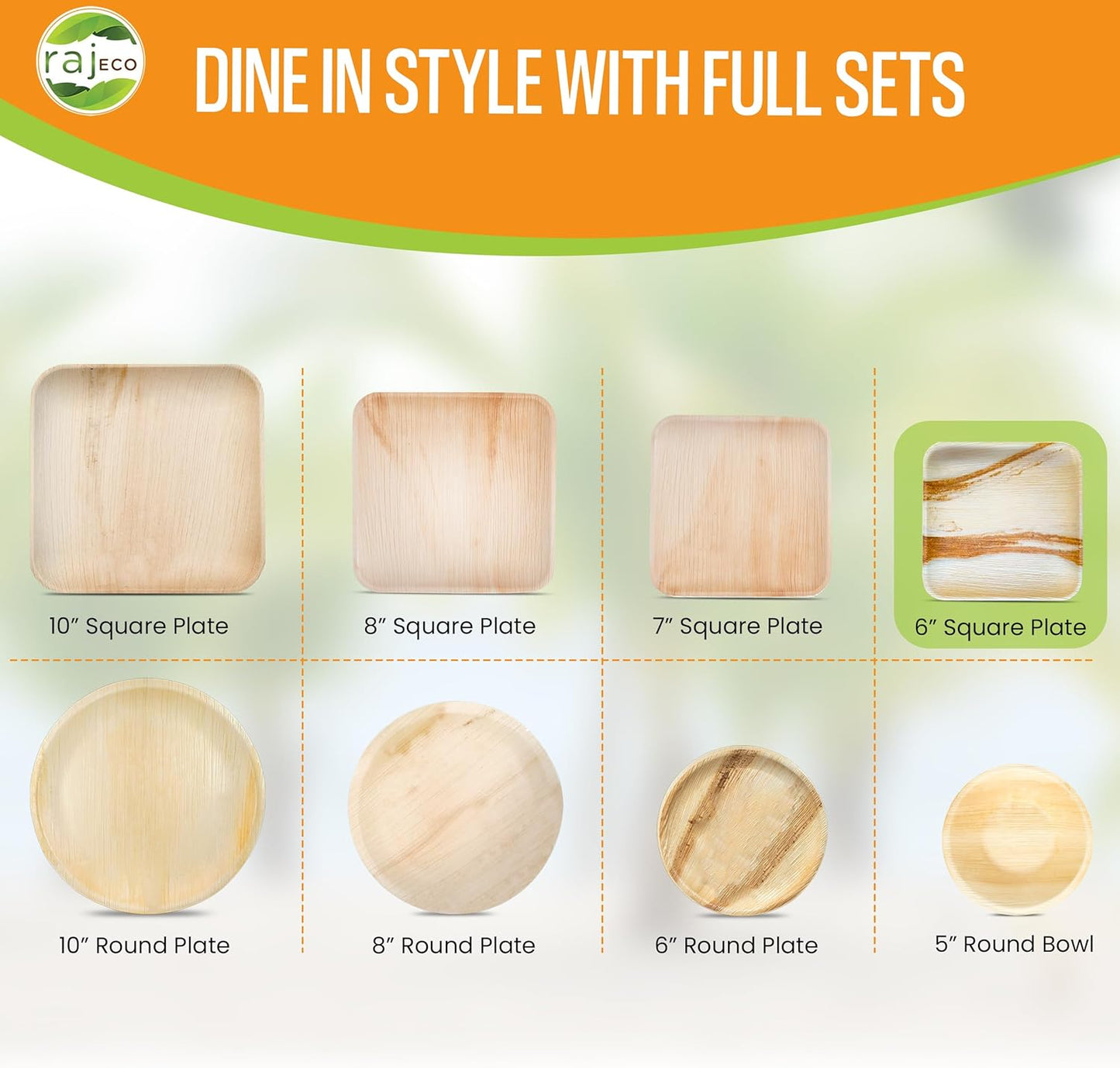 Raj Palm Leaf Bulk Plates like Bamboo plates Disposable, Decorative Compostable Tableware for wedding, Lunch, Dinner, Birthday, Camping, Outdoor BBQ, Picnic (6" (300 Pack))