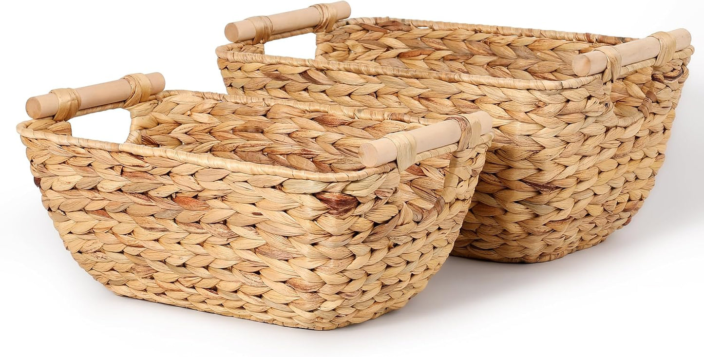 Large Wicker Storage Baskets with Wooden Handles, Woven Water Hyacinth Storage Organizers for Throw Blankets, Bedroom, Living Room, Laundry,2-Pack