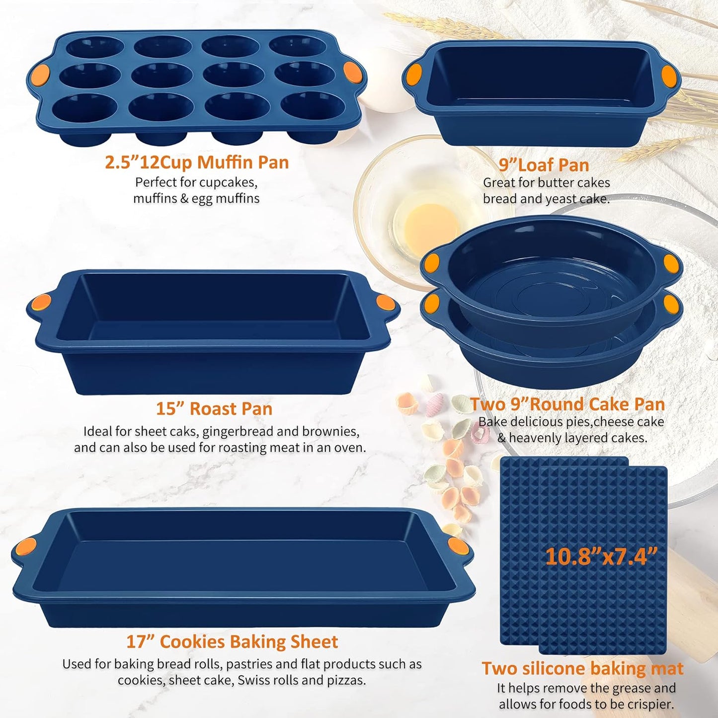 To encounter 8 in 1 Silicone Baking Set - 6 Cake Molds - 2 Silicone Baking Mat, Nonstick Cookie Sheet, Cake Muffin Bread Pan with Grips and Metal Reinforced Frame More Strength, Navy Blue