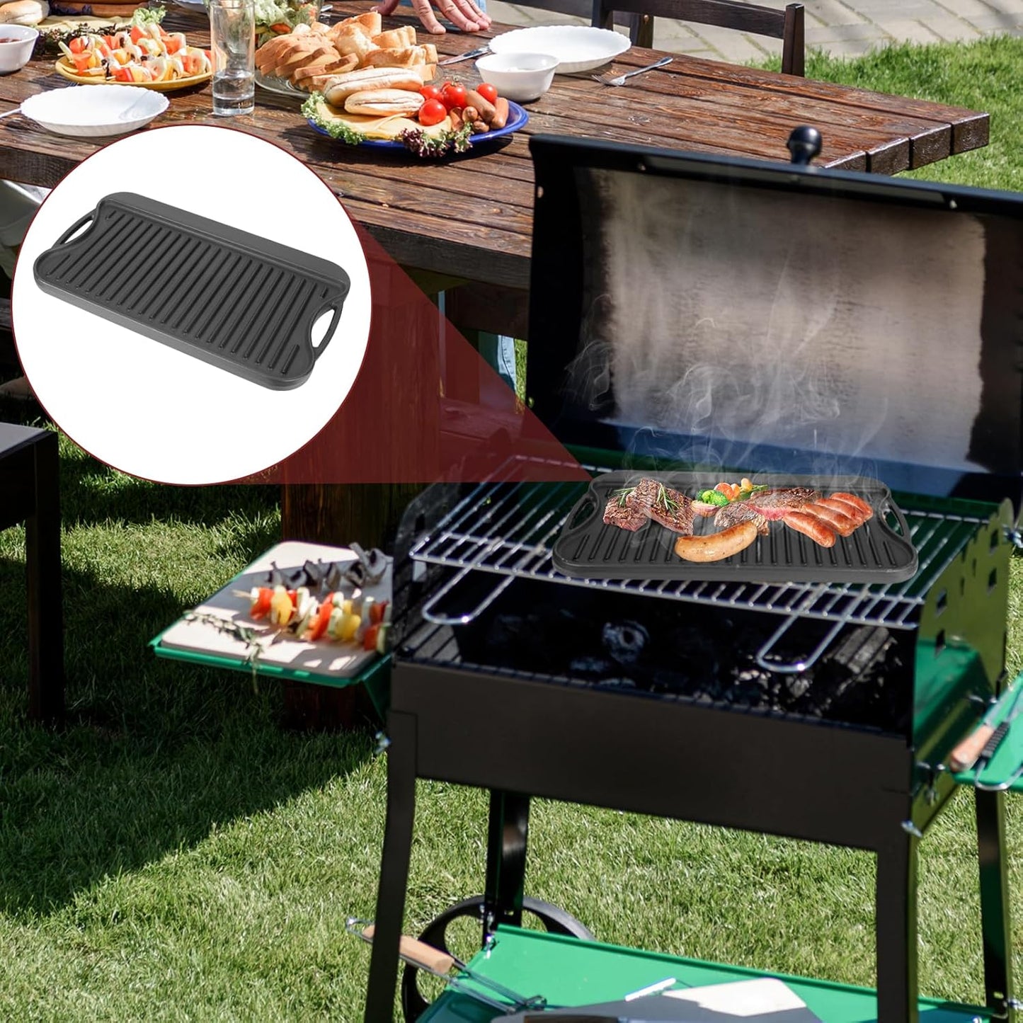 Cast Iron Reversible Grill/Griddle Pan -20"x10.5" Pre-Seasoned Rectangular Double Sided Griddle Plate for Gas Stove, Oven, Camping, Indoor & Outdoor Cooking - Non-Stick, Durable & Versatile