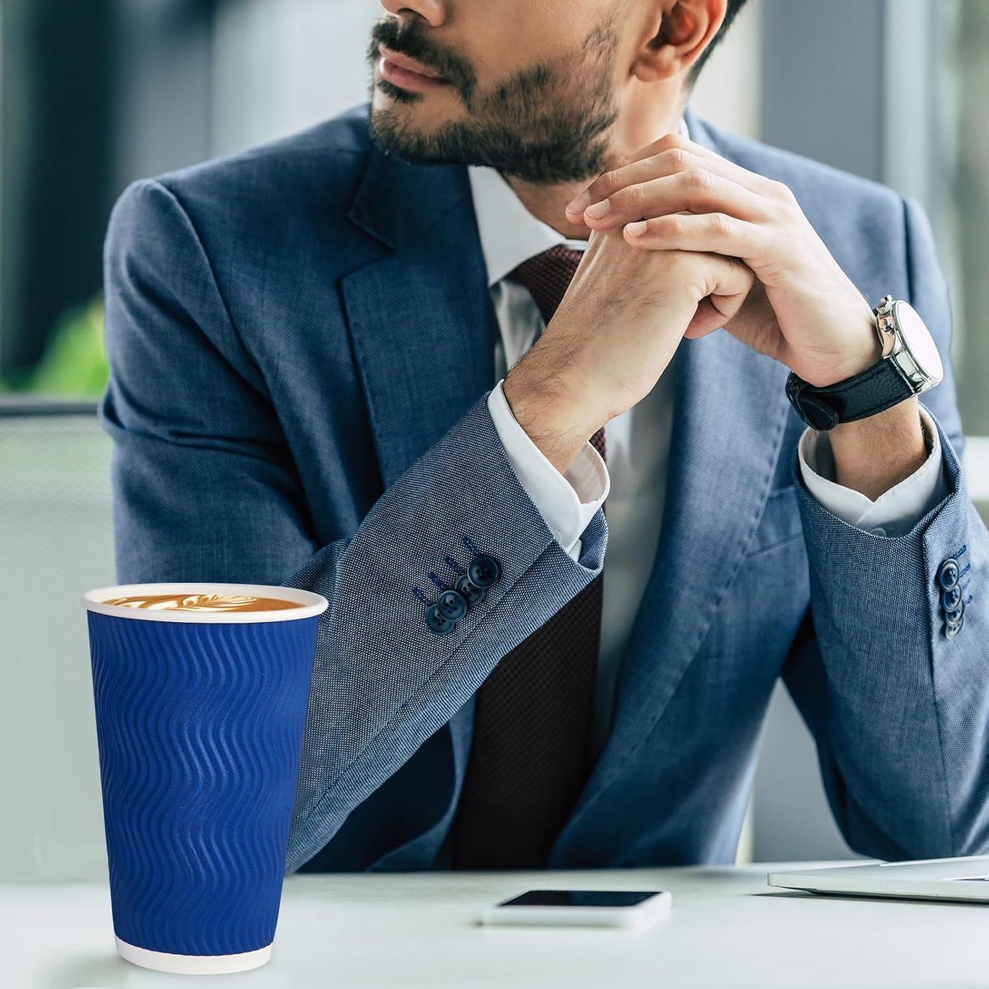 JollyPack Paper Coffee Cups, 16 oz, Blue, 60 Pack, Heat Resistant, Disposable, Ripple Wall, for Coffee, Tea, Hot Chocolate