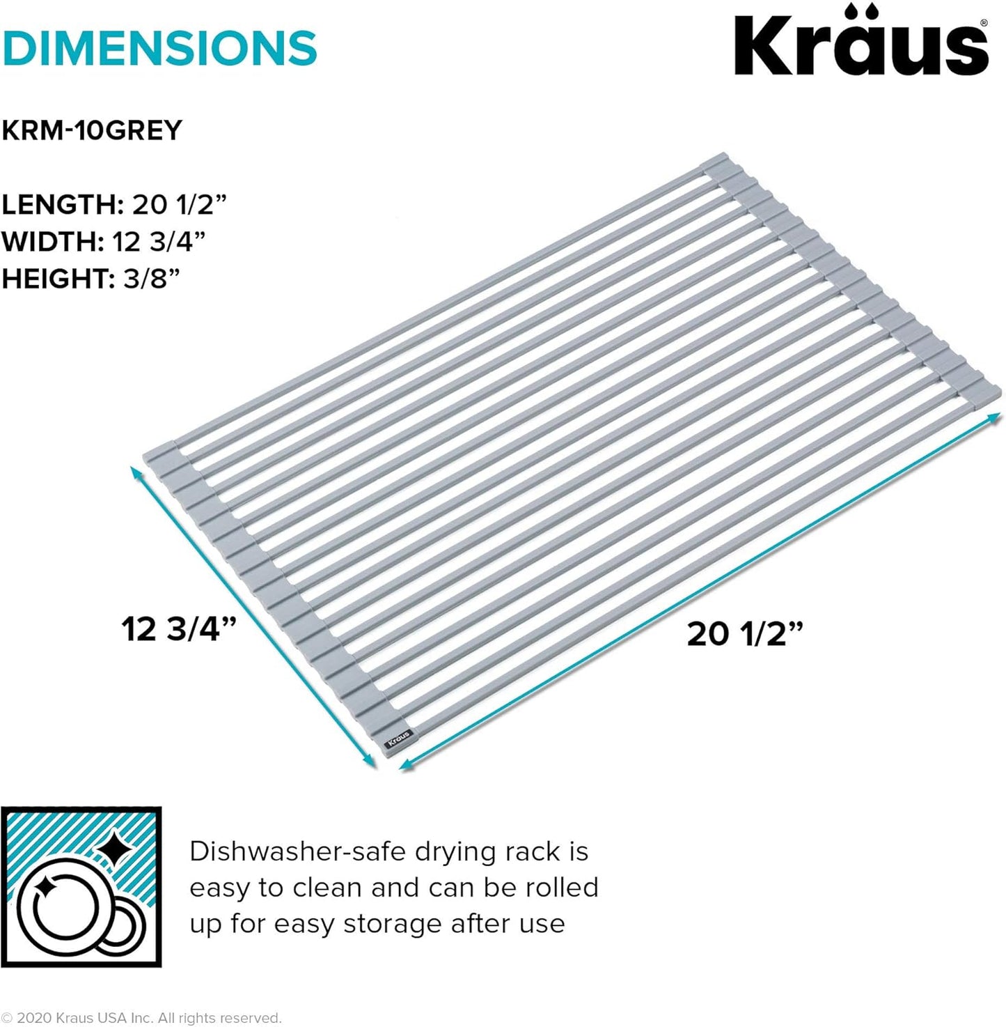 Kraus Multipurpose Over-Sink Roll-Up Dish Drying Rack, Colander and Trivet in Light Grey, KRM-10GREY