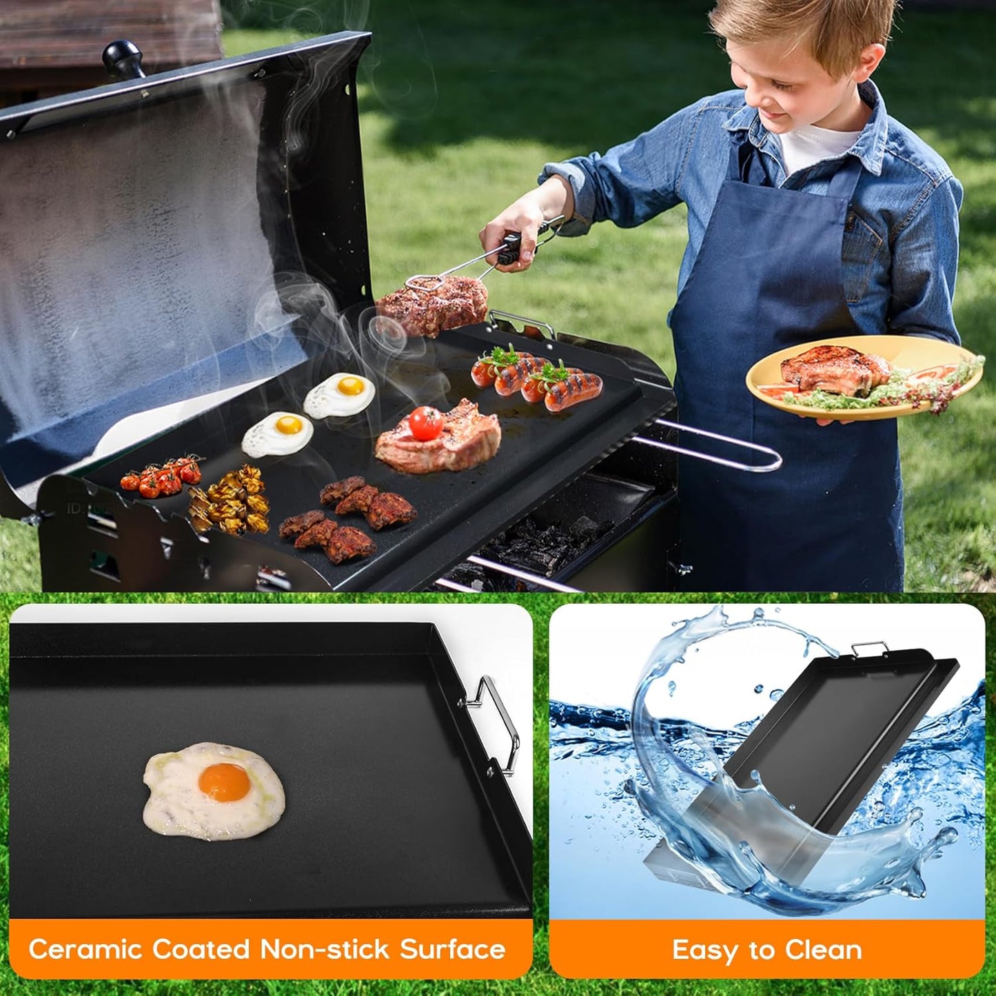 Skyflame 23"x16" Universal Grill Flat Top Griddle, Ceramic Coating Nonstick BBQ Cooking Griddle with Handles and Grease Groove, Fit for Gas/Charcoal Grills