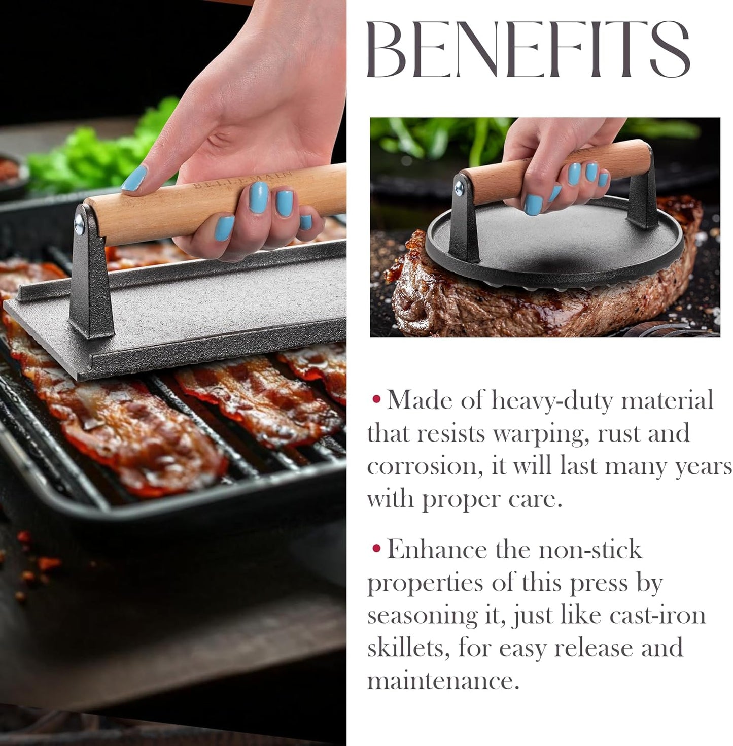 Bellemain Heavy-Duty Cast Iron Grill Press Set – Perfect Smash Burger Press & Steak Tool with Ergonomic Wood Handle for Pro-Level Searing on Griddle, Skillet, or BBQ