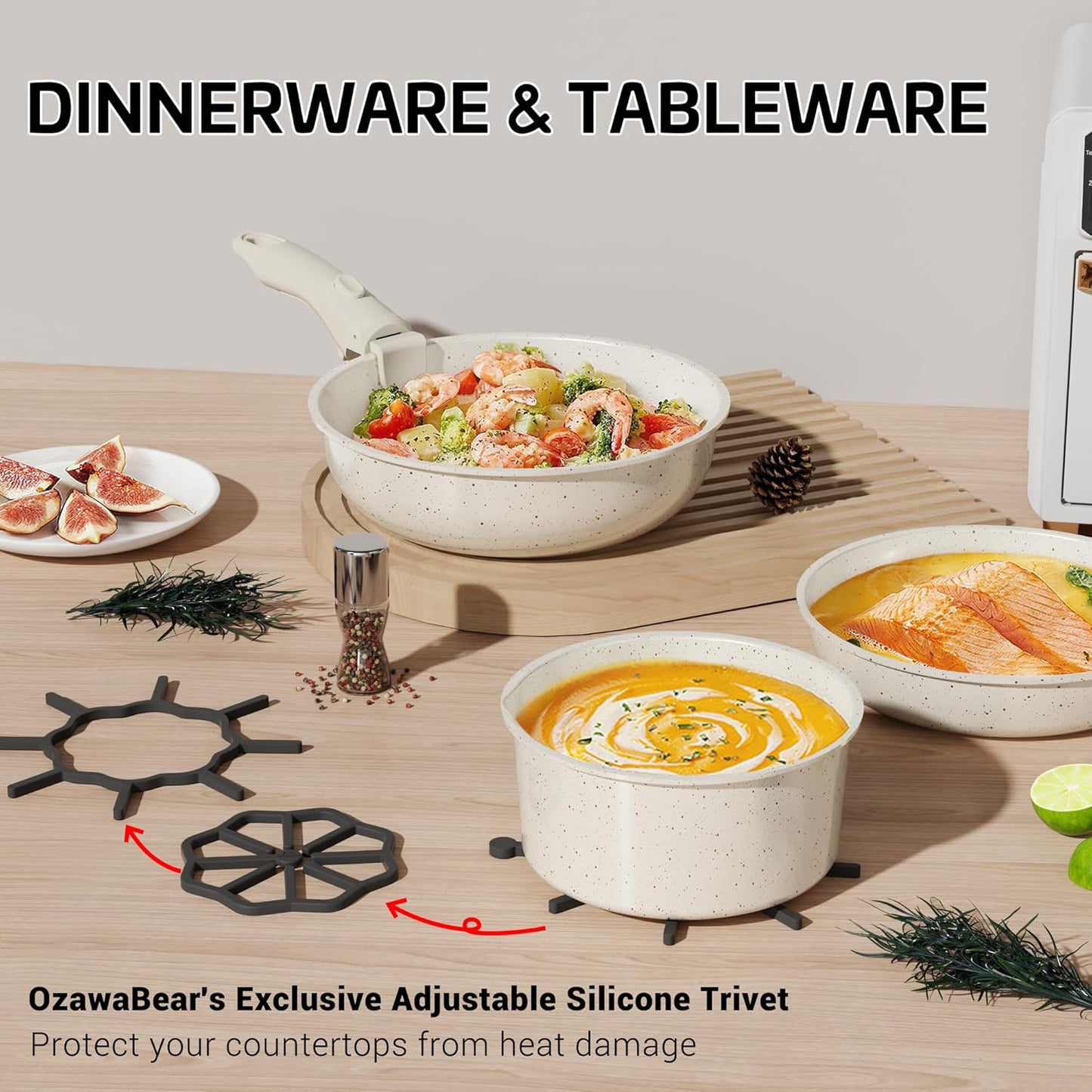 26 Pcs Pots and Pans Set Non Stick, Ceramic Cookware Set Non Toxic with Detachable Handles, Healthy Induction Cookware Dishwasher Oven Safe RV Kitchen Set, PFAS PFOA & PTFE Free, Cream White