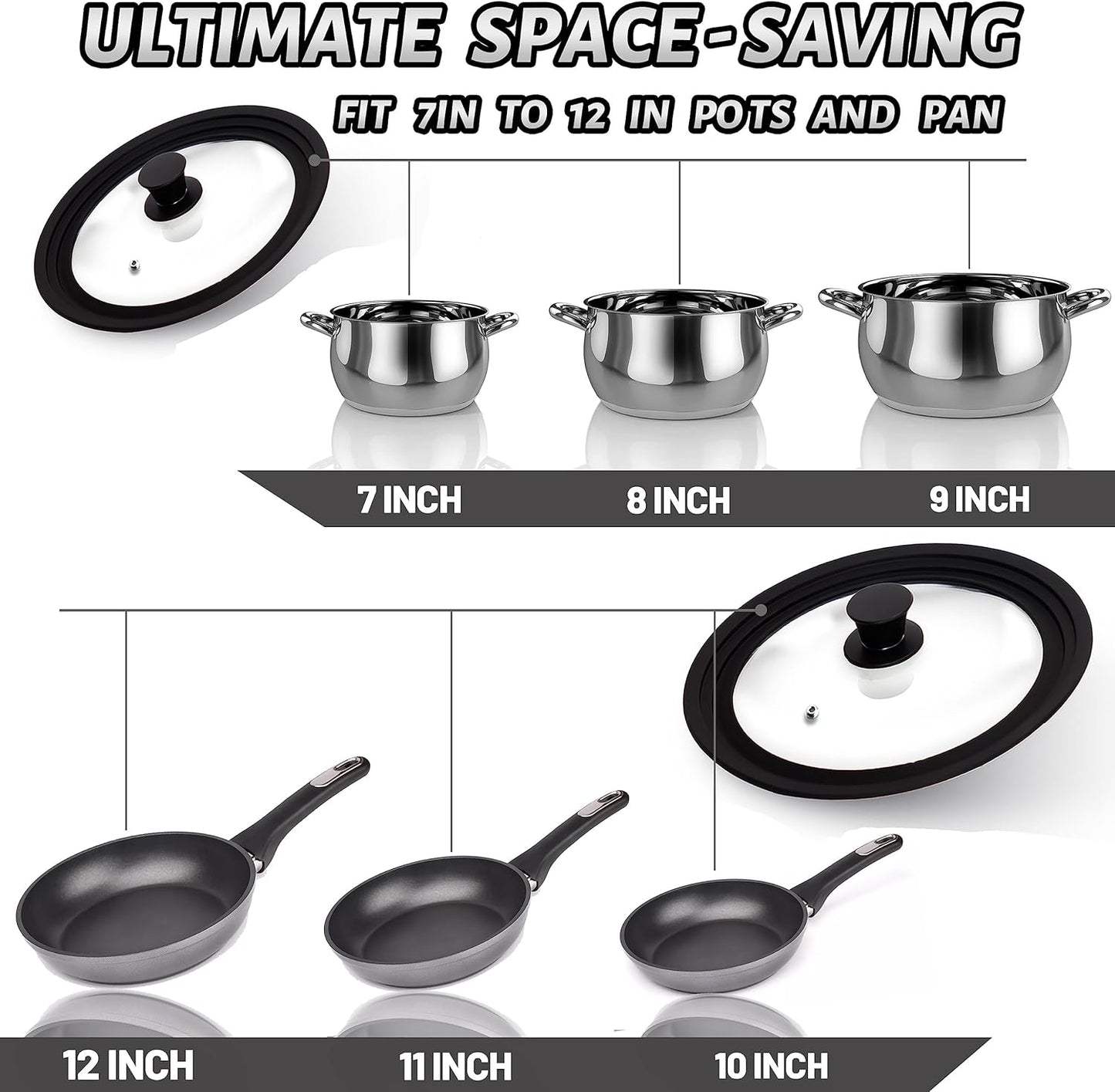 Tempered Glass Lid Set of 2 - Universal Lids with Heat Resistant Silicone Rim for Pots, Pans and Skillets - Pan Cover Replacement Lids Fit 7", 8" & 9" and 10", 11" & 12" Diameter Cookware