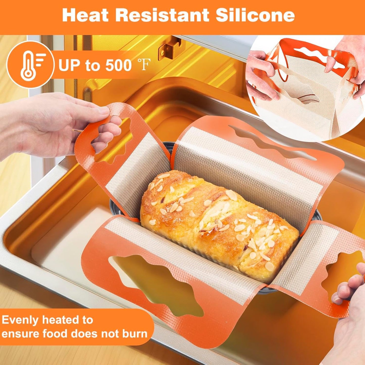 2 Pcs Reusable Silicone Bread Loaf Pan Liners, Food-Grade Silicone Bread Baking Mat with 4 Handles, Non-Stick & Heat Resistant Loaf Pan Lifters, Sourdough Sling for 9x5" or 1.5Lb Loaf Pans (Orange)