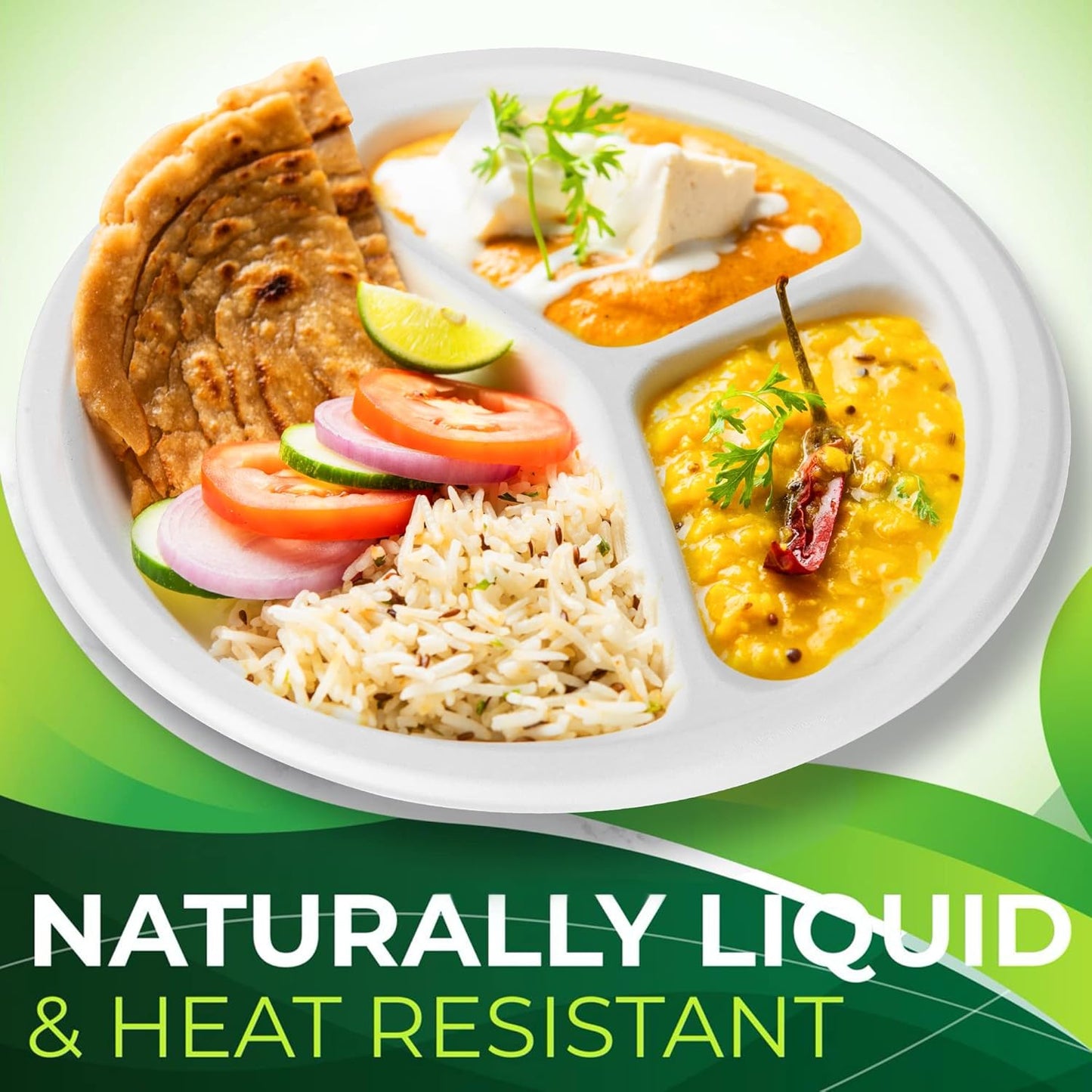 150-Piece 100% Compostable 10in Paper Plates, 3-Compartment Heavy Duty Disposable Eco-Friendly Biodegradable Sugarcane Fiber Plates