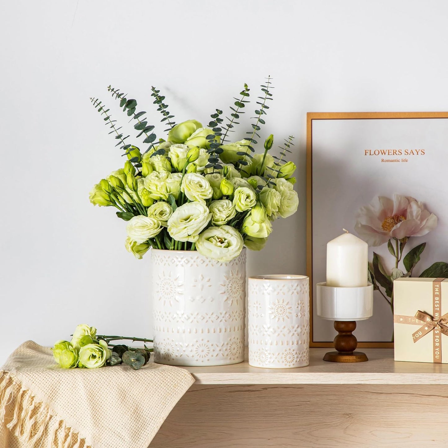 LOVECASA Utensil Holder, 7.2"+5.4" Ceramic Utensil Holder for Countertop, Large Cooking Utensil Crocks for Kitchen Counter, Farmhouse Utensil Vase for Housewarming, Kitchen Decor, Set of 2, Oasis