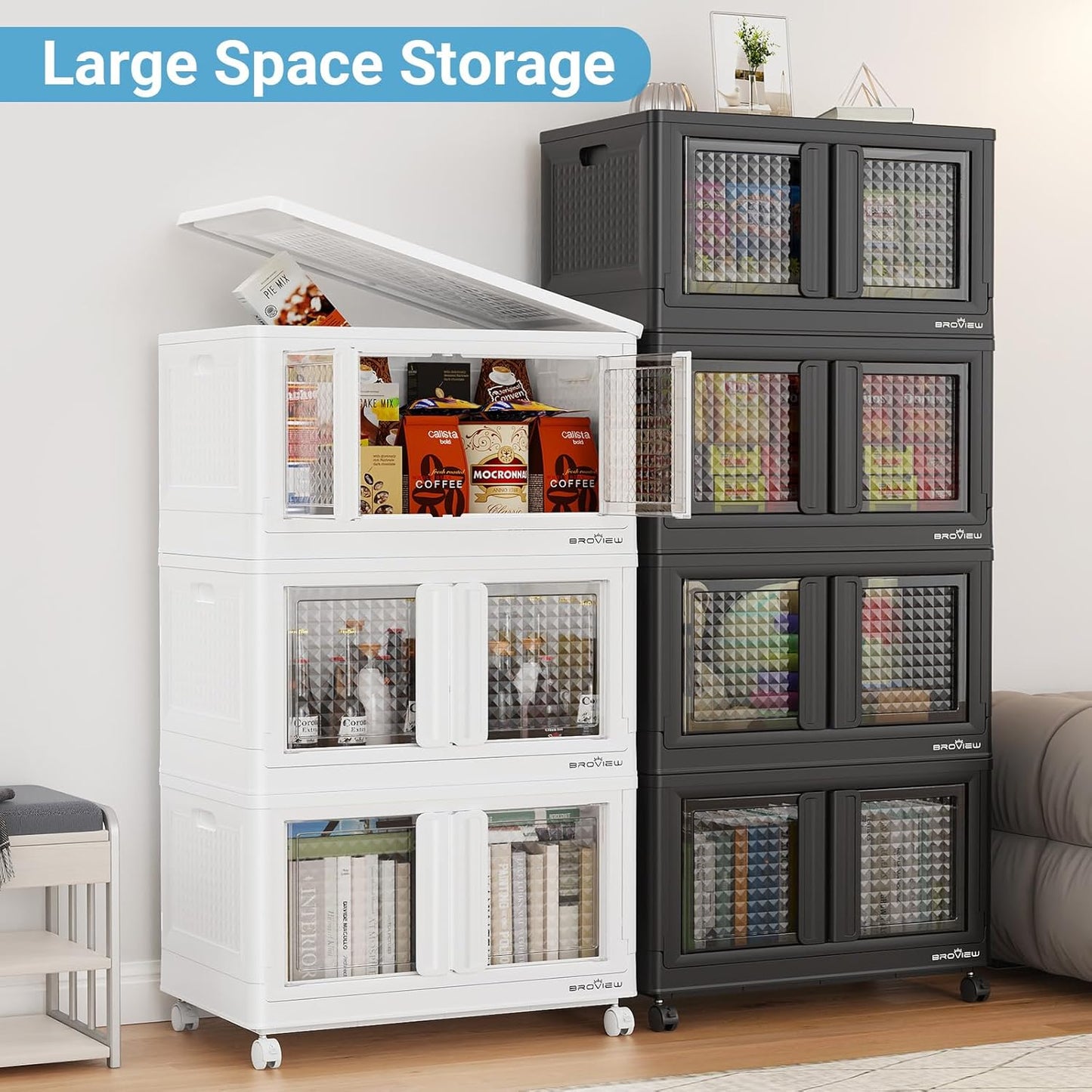 400Qt Stackable Storage Bins with Lids, 100Gal Closet Organizers and Storage Drawer, Plastic Collapsible Storage Bins with Doors, Heavy Duty Store Box Cabinet for Home Office, 4Pack Black