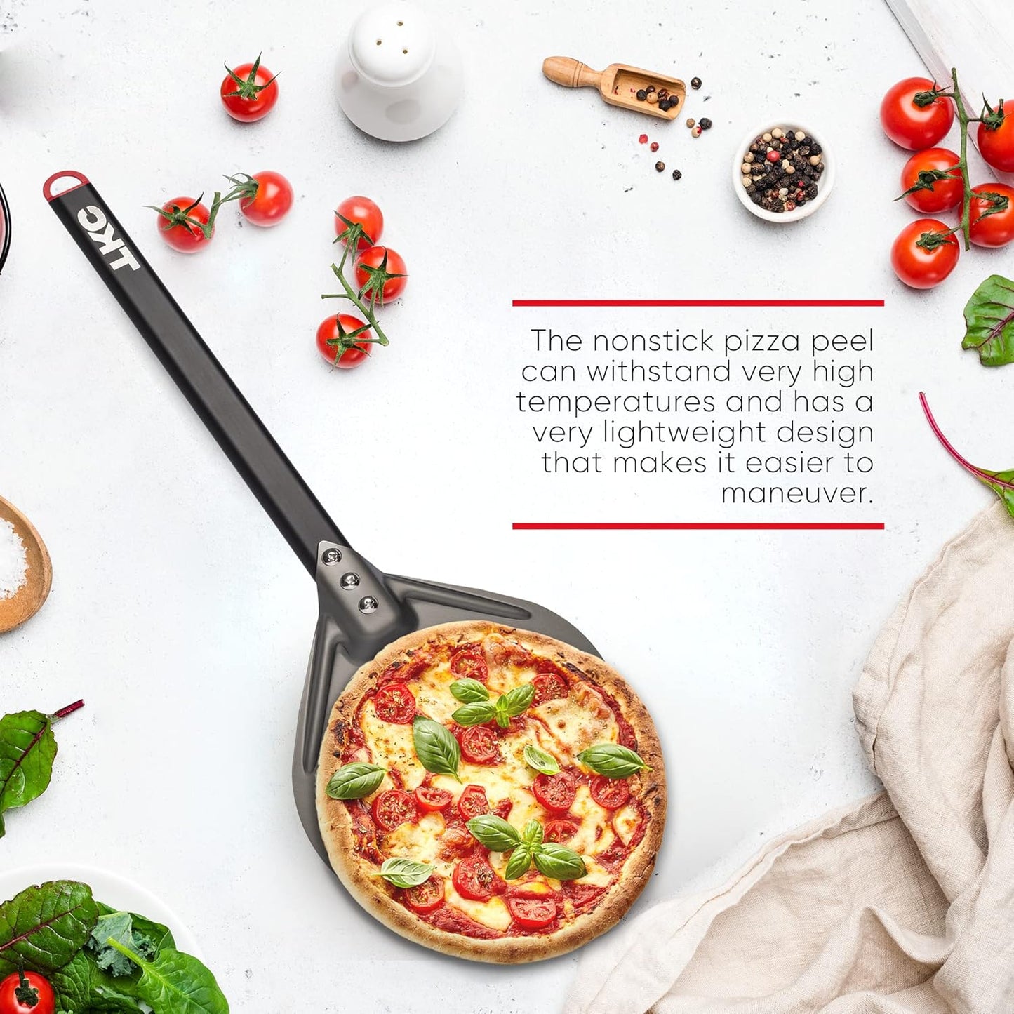 TKC 8" Perforated Pizza Peel - Professional Aluminum Pizza Turning peel - Long Handle Metal Pizza Spatula for Indoor and Outdoor - Lightweight Non-Stick Pizza Turner - Pizza Oven Accessories