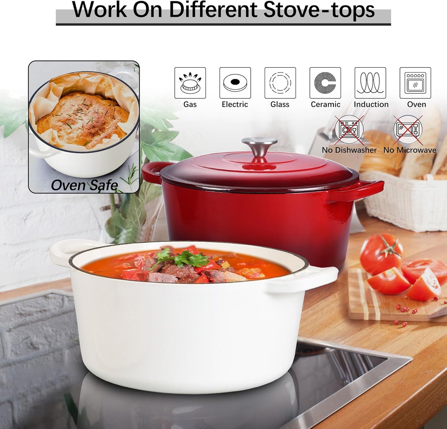 E-far 7QT Enameled Dutch Oven, Cast Iron Dutch Oven Pot with Lid for Cooking/Bread Baking/Braising/Roasting/Stewing, Heavy Duty Round Nonstick Cookware Safe for Induction & Oven - White