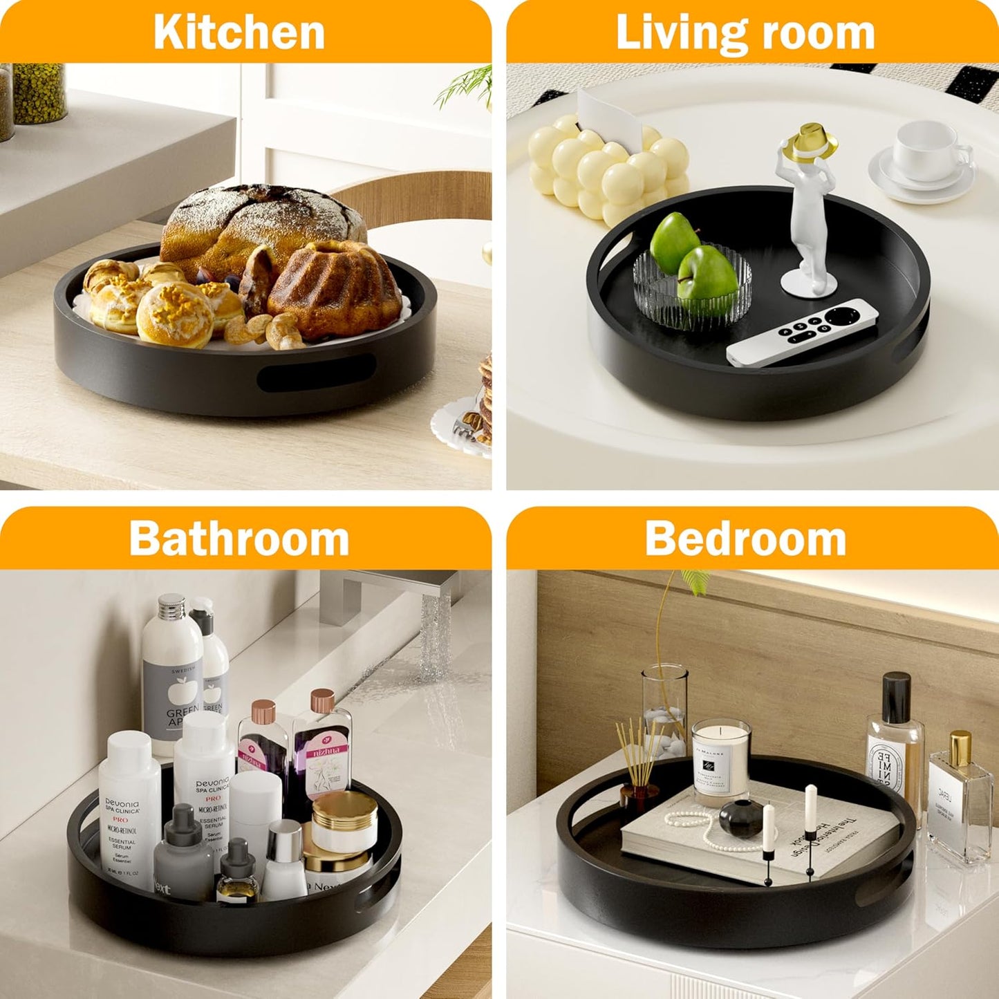 Lazy Susan Organizer Homerays 12 Inch Non-Skid Bamboo Lazy Susan for Kitchen Rotating Spice Rack with Handles, Wood Turntable for Kitchen Cabinet,Countertop (Black, Medium)