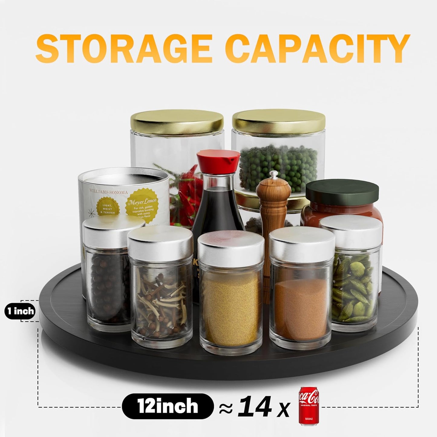 Lazy Susan Organizer Homerays 12 Inch Non-Skid Bamboo Lazy Susan for Kitchen Rotating Spice Rack for Kitchen Cabinet, Wood Turntable for Kitchen Countertop Organizer Black