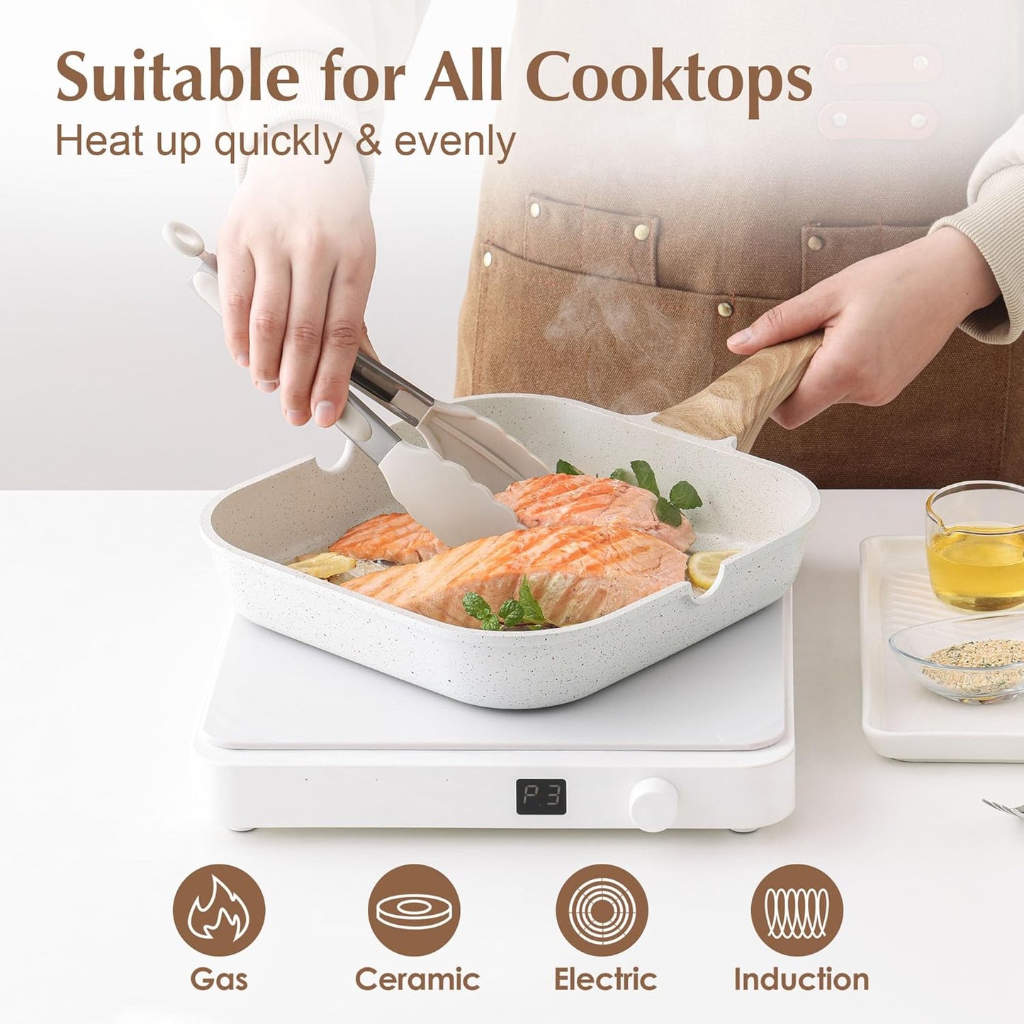 SENSARTE Nonstick Ceramic Grill Pan for Stove Tops, Square Grilling Pan with Pour Spouts, Non Toxic Durable Grill Skillet for All Stoves(Gas,Electric,Induction) PTFE,PFAS,PFOA Free, 12Inch (White)