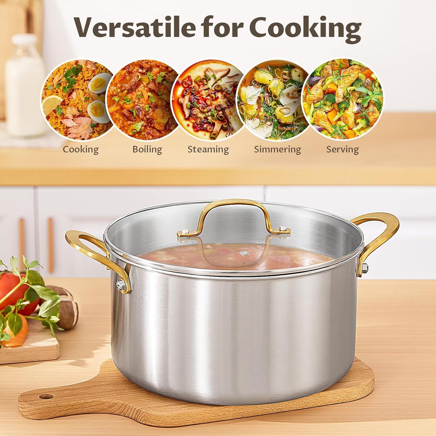 BEZIA 6 Quart Tri-Ply Stainless Steel Stockpot๏ผEven Heat Distribution, Cooking Pot With Sturdy Handles, Oven-Safe Up to 500ยฐF, Compatible with All Cooktops, Perfect for Soups & Stews, Silver