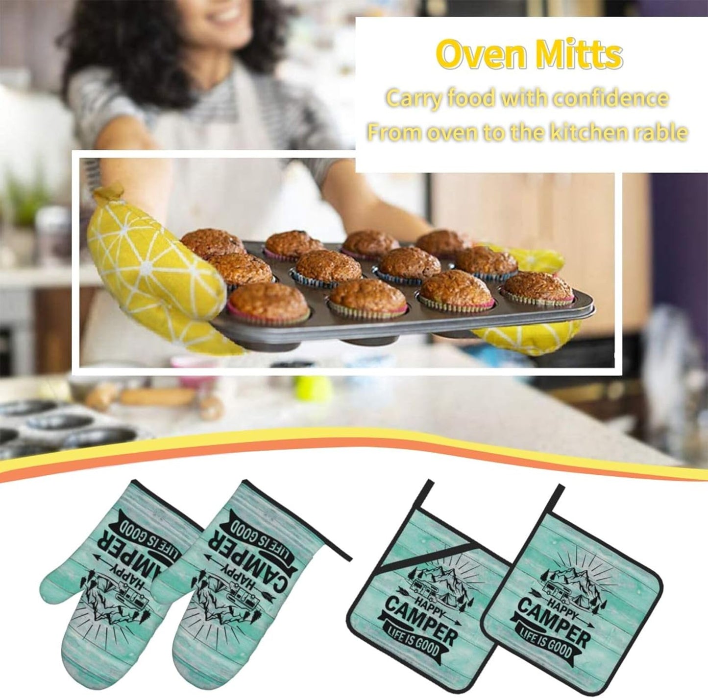 Happy Camper Oven Mitts and Pot Holders Sets of 4,Resistant Hot Pads with Polyester Non-Slip BBQ Gloves for Kitchen,Cooking,Baking,Grilling