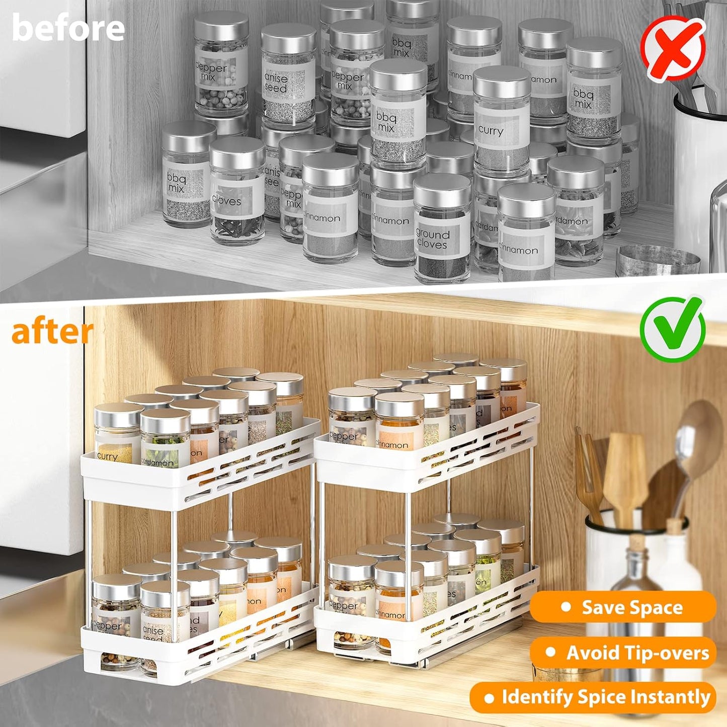 Pull Out Spice Rack Organizer for Cabinet, 2 Pack Slide Out Spice Racks Organizer, Spice Cabinet Organizers, Cabinet Size Need:12'' Highx11'' Deepx5'' Wide,Hold 10 Spice Jar Each Tier-2Tier, White