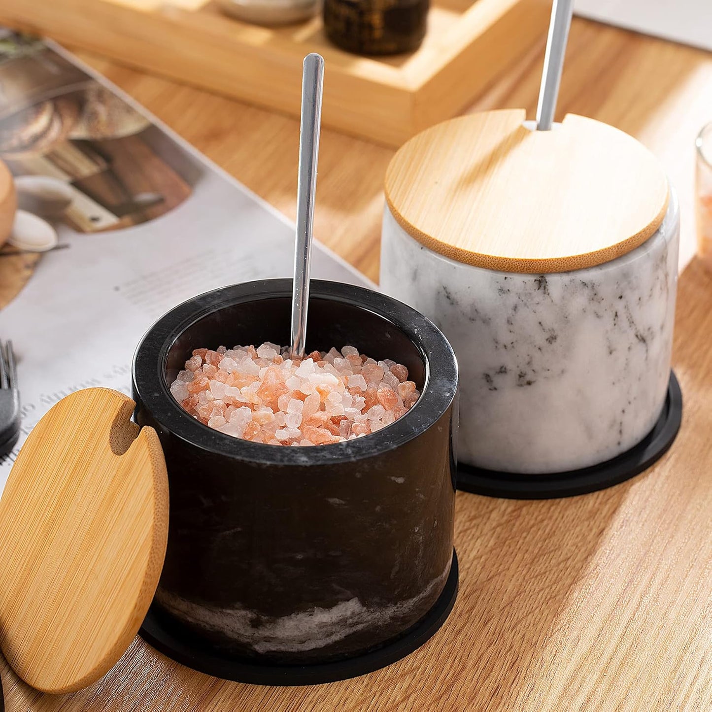 Marble Salt Cellar with Lid & Spoon, 11oz Salt and Pepper bowls, Handcrafted from Natural Marble, Smooth Inside (Black)