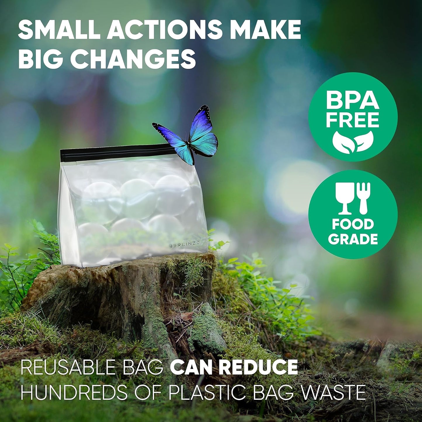 Berlinzo Reusable Ice & Food Storage Bag - Freezer Safe, Leakproof, BPA-Free Silicone, Plastic-Free Lunch Bag - One Bag