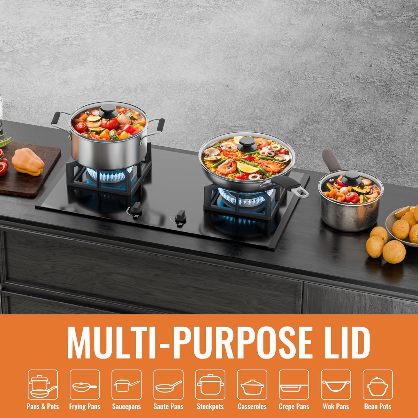 Tempered Glass Lids for Pots and Pans, Cast Iron Skillet Lid 10.5 Inch, Round Frying Pan Lid, Replacement Pan Cover, Crock Pot Lid with Stainless Steel Rim, Dishwasher Safe, Cookware Pot Covers