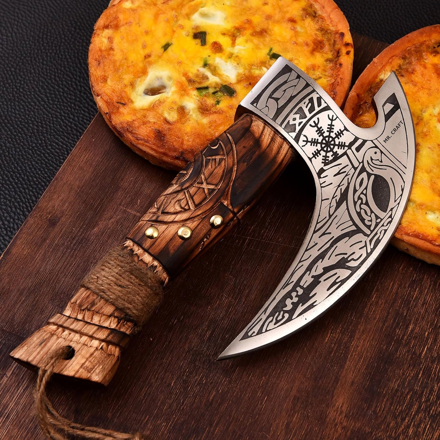 MR. CRAFT Pizza Cutter Axe Carbon Steel Slicer Chef Viking Axe with Leather Cover - Premium Pizza Oven Accessories Ulu Rocking Pizza Gifts for Men (Engraved Ash Wood)
