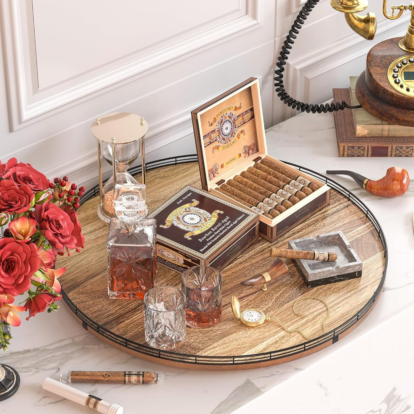 Acacia Wood 24" Lazy Susan Turntable Organizer for Table Top, Farmhouse Extra Large Round Lazy Susan for Serving Kitchen Countertop Cabinet for Charcuterie Centerpiece, Bathroom Vanity Tray Decor