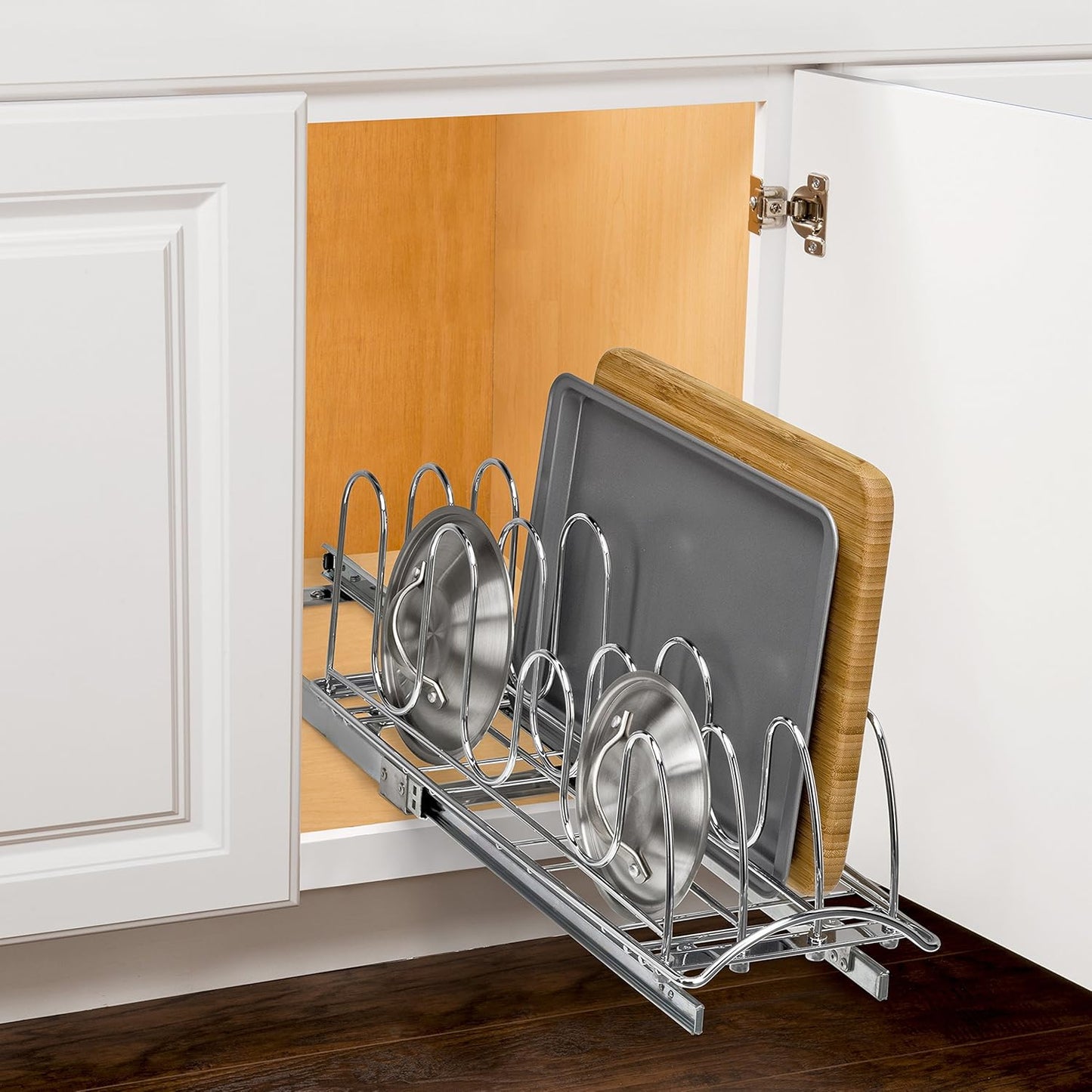 LYNK PROFESSIONAL® Pull Out Pot Lid and Cookie Sheet Organizer Rack for Cabinet - Lifetime Ltd. Warranty - Sliding Kitchen Organizers – Pans, Pots, Lids, and Tray Storage - 7.25 wide x 21 inch, Chrome