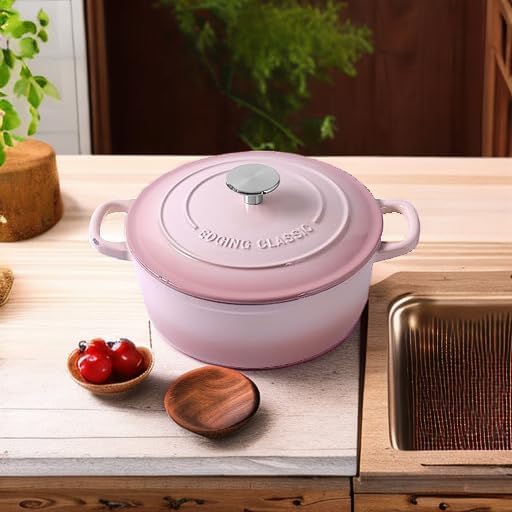 Enameled Cast Iron Covered Dutch Oven with Lid Round Pot for Bread Baking, 7 Quart, Pink