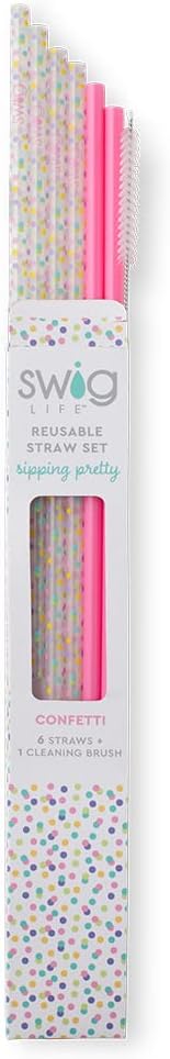 Swig Life Reusable Straws Confetti + Pink Tall Straw Set & Cleaning Brush, Each Straw is 10.25 inch Long (Fits Swig Life 20oz Tumblers, 22oz, and 32oz Tumblers)