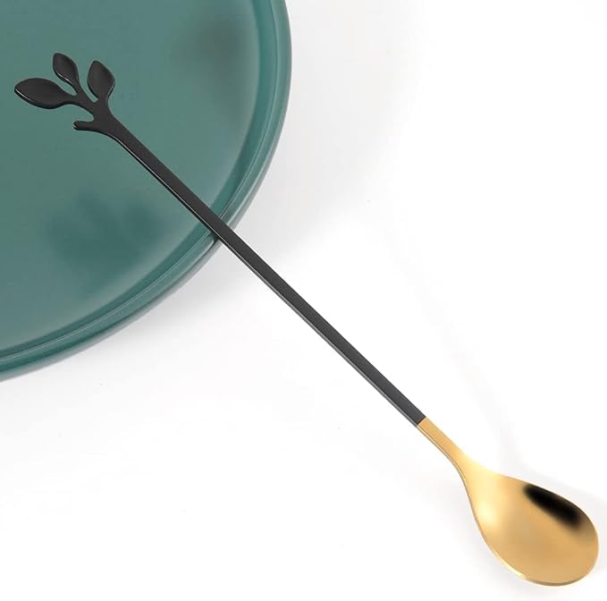 AnSaw 6-Piece Elegant Black & Gold Leaf Long Handle Teaspoons - Image 4