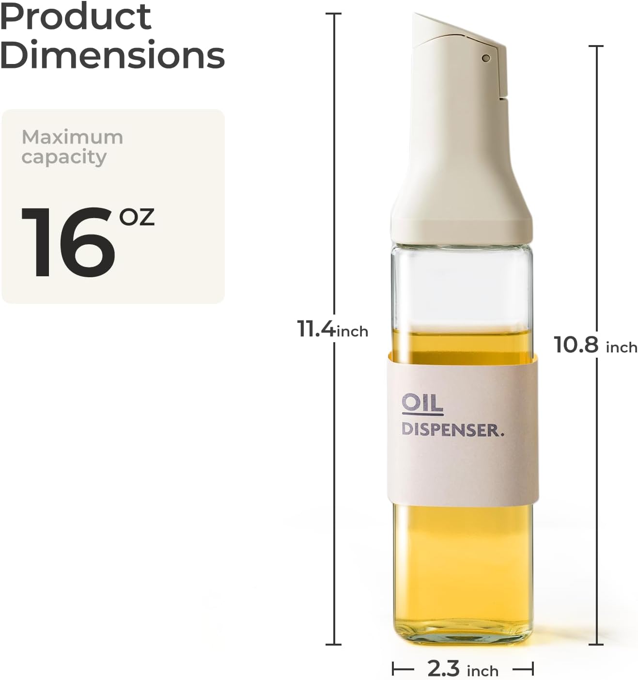 Olive Oil Dispenser for Cooking - 16oz Leakproof Glass Oil Dispenser Bottle with Gravity Spout, Air Fryer, BBQ, Healthy Salad & Non-Stick Pans, BPA-Free, Easy to Refill and Use, Light Grey