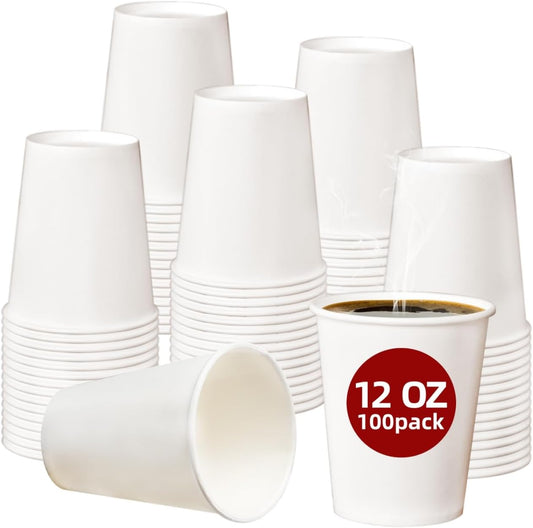 Paper Coffee Cups, 12 OZ Disposable Hot and Cold Cups, Leak-Proof White Cups for Coffee, Tea, Ideal for Home, Office, and Events (100 Count)