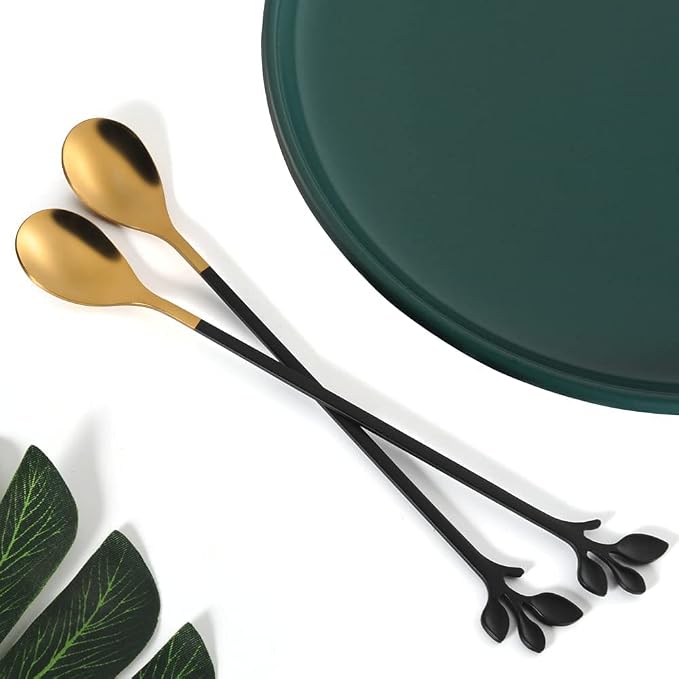 AnSaw 6-Piece Elegant Black & Gold Leaf Long Handle Teaspoons - Image 5