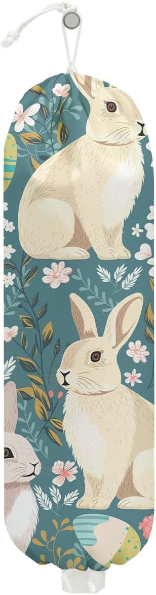 Rabbit Bunny Plastic Bag Holder, Wall Mount Grocery Bag Holder, Plastic Storage bag, Pull Rope Free Adjustment, Plastic Bag Holders for Grocery Bags, Plastic Bag Dispenser for Home Kitchen Cabinet