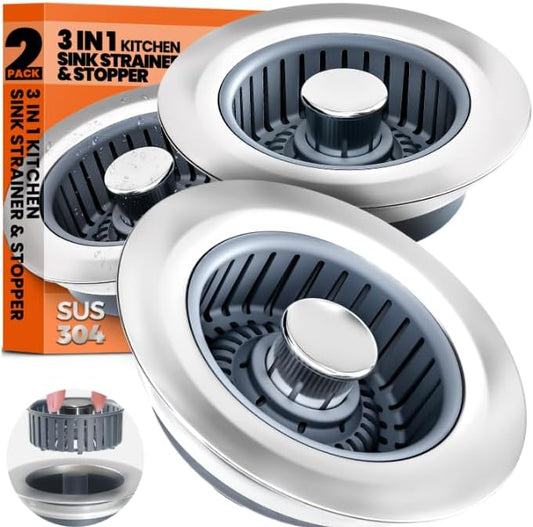 Kitchen Sink Drain Strainer & Sink Stopper, Upgraded 3 in 1 Stainless Steel Drain Plug Combo with Anti-Clog Basket, Pop Up Drain Cover for Standard 3-1/2'', Fits Double Bowl Kitchen Sinks