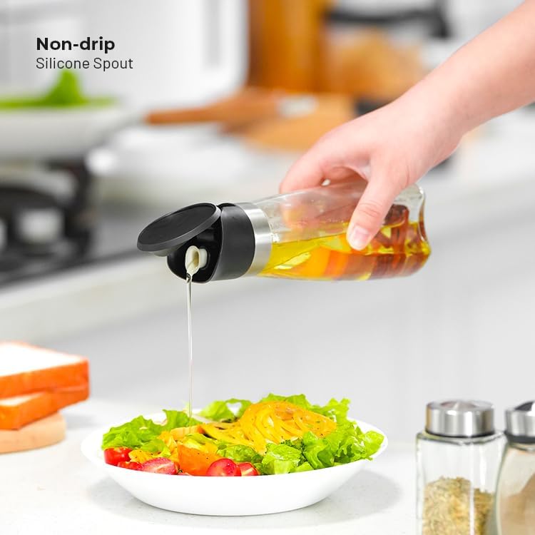 Premium Glass Olive Oil and Vinegar Dispenser Bottles Set, 2-Piece Kitchen Cooking Cruet with Auto-Open Lid, Non-Drip Pouring Spout, Oil Infuser Filter, Dishwasher Safe (Black 11oz)