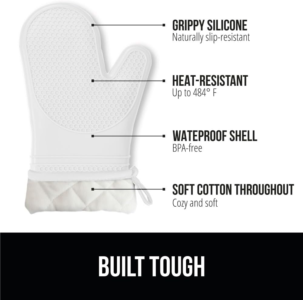 GORILLA GRIP BPA-Free Soft Silicone Oven Mitts, Heat Resistant and Waterproof Cooking Gloves, Thick Cotton Lining, Flexible Gripping for Baking Grilling, Kitchen Potholders Set of 2, 12.5x8.3, White