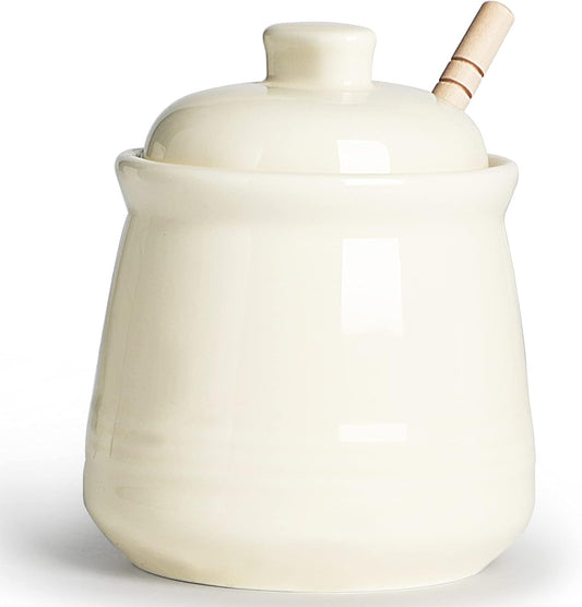 LEETOYI Porcelain Honey Jar with Lid and Honey Dipper,Ceramic Honey pot,12oz (Beige)