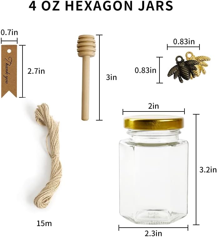 12 Pack 4oz Glass Hexagon Honey Jars Golden Lids - Extra Wooden Honey Dipper Sticks, Bee Charms, Tag String, Thank You Gift Tags, Wedding Favors Gifts, Baby Shower Party Canning Jar(Golden)