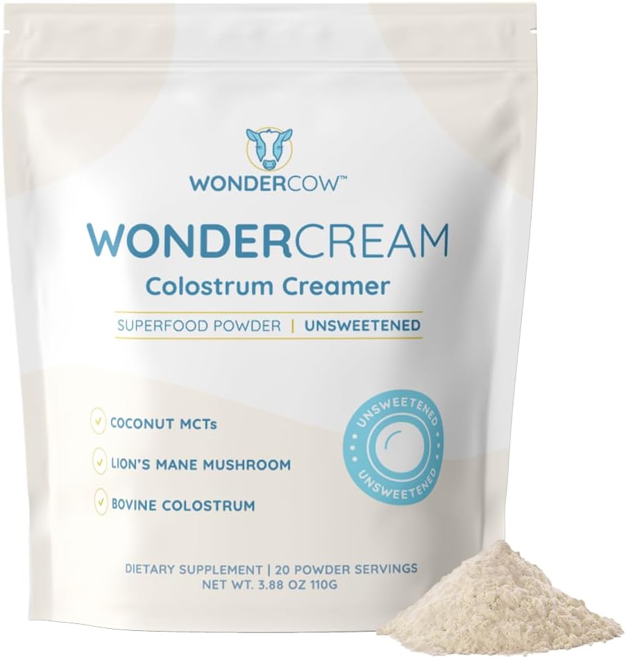 Bovine Colostrum Superfood Creamer Supplement Powder w/Organic Lions Mane Mushroom & Coconut Milk Powder MCTs | Functional Sugar Free Keto Coffee, Smoothie & Drink Mix Unsweetened
