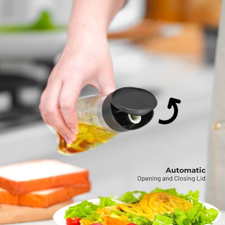 Premium Glass Olive Oil and Vinegar Dispenser Bottles Set, 2-Piece Kitchen Cooking Cruet with Auto-Open Lid, Non-Drip Pouring Spout, Oil Infuser Filter, Dishwasher Safe (Black 11oz)