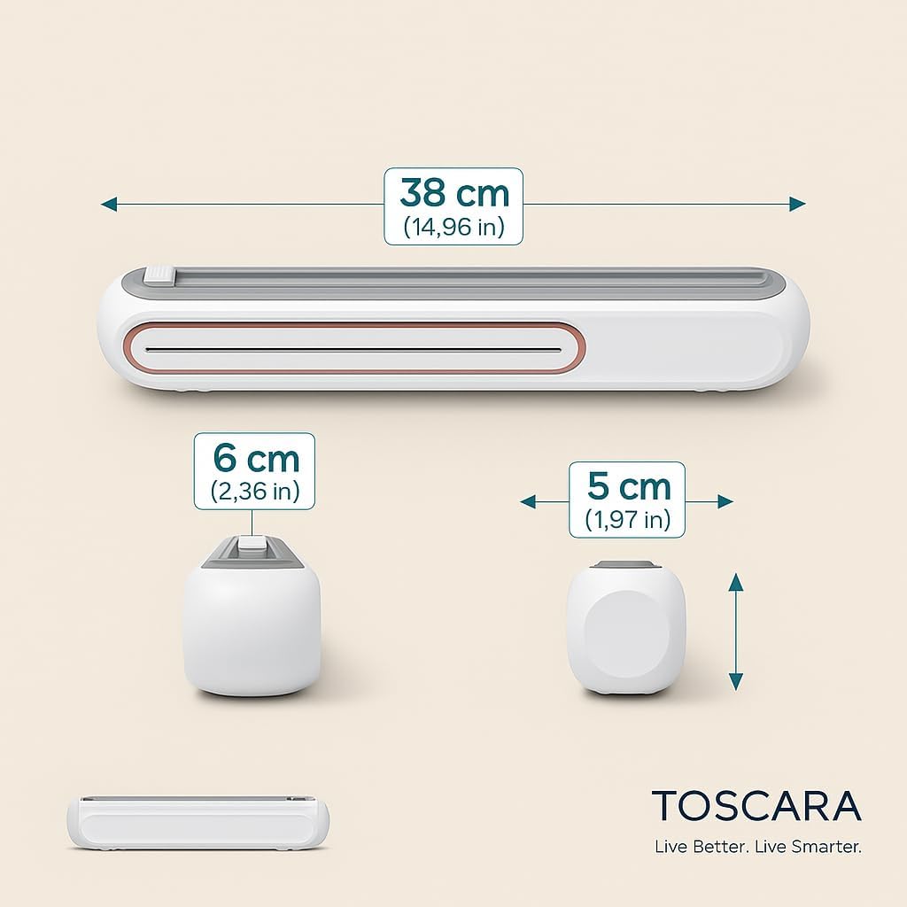 Food Plastic Wrap Dispenser – Refillable ABS Plastic Wrap Dispenser with Safe Slide Cutter – Compact Cling Film, Foil & Baking Paper Easy-Cut Organizer for Fresh Food Storage- Fit 30cm roll