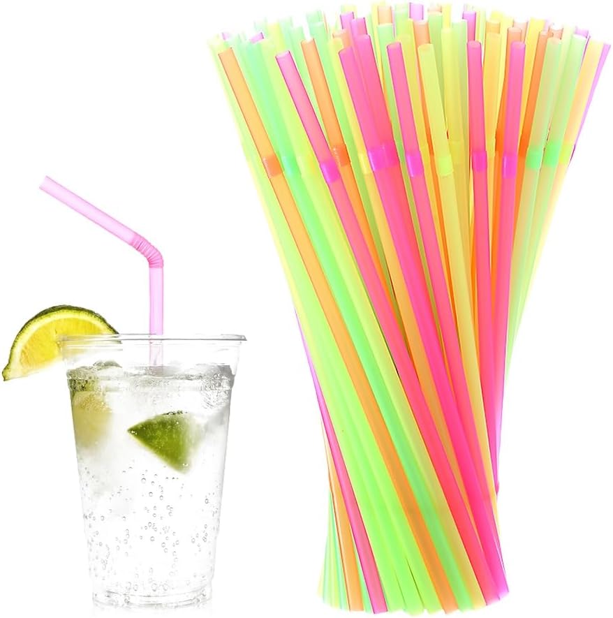 [Honest ECO ] 9.45inch Flexible Plastic Straws Extra Long Bendy Straws Prefer for Tall Glassees/Water Tumbler/Bottled Drinks/All Hot or Cold Low Viscosity Drinks (Neon)