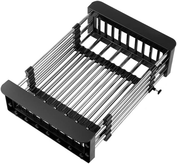 Cyrank Over The Sink Dish Drying Rack, Expandable Over Sink Grill Telescopic Drain Basket Kitchen Rack Drain Basket Sink Drying Rack(L#Black)
