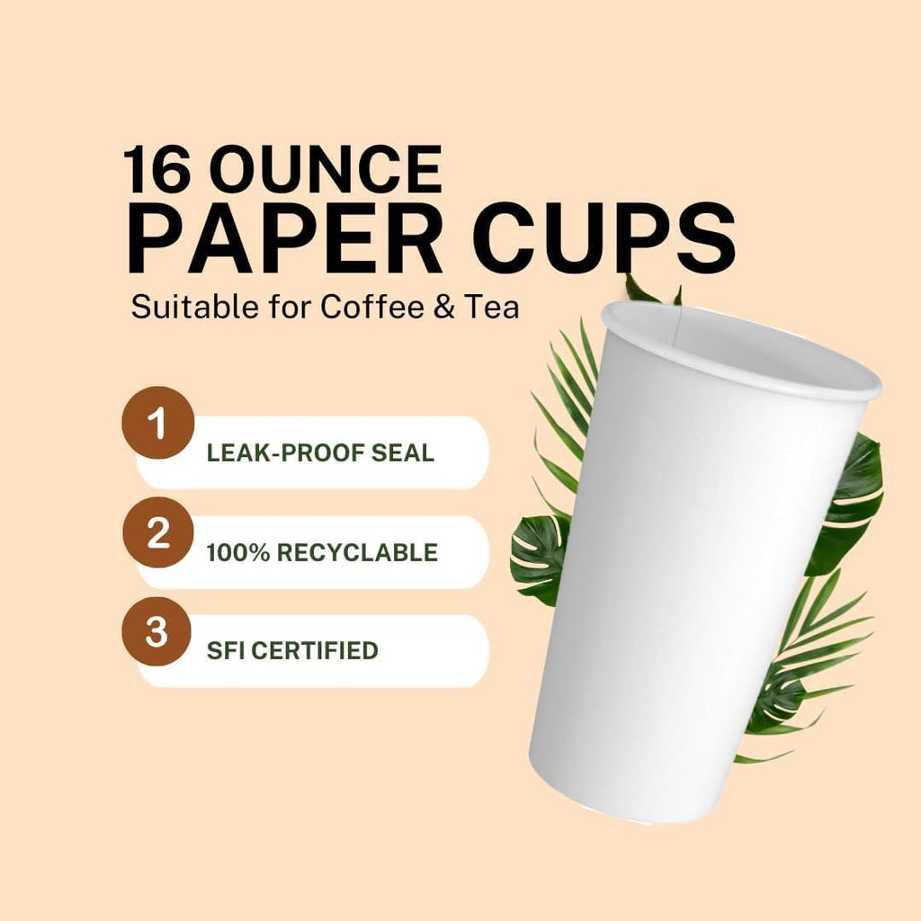 Made-In-USA 16 Ounce Disposable Hot Paper Cups, 1000 Count | Coffee Cups, Leak-Free Food Safe for Hot Drinks, White (16 oz)